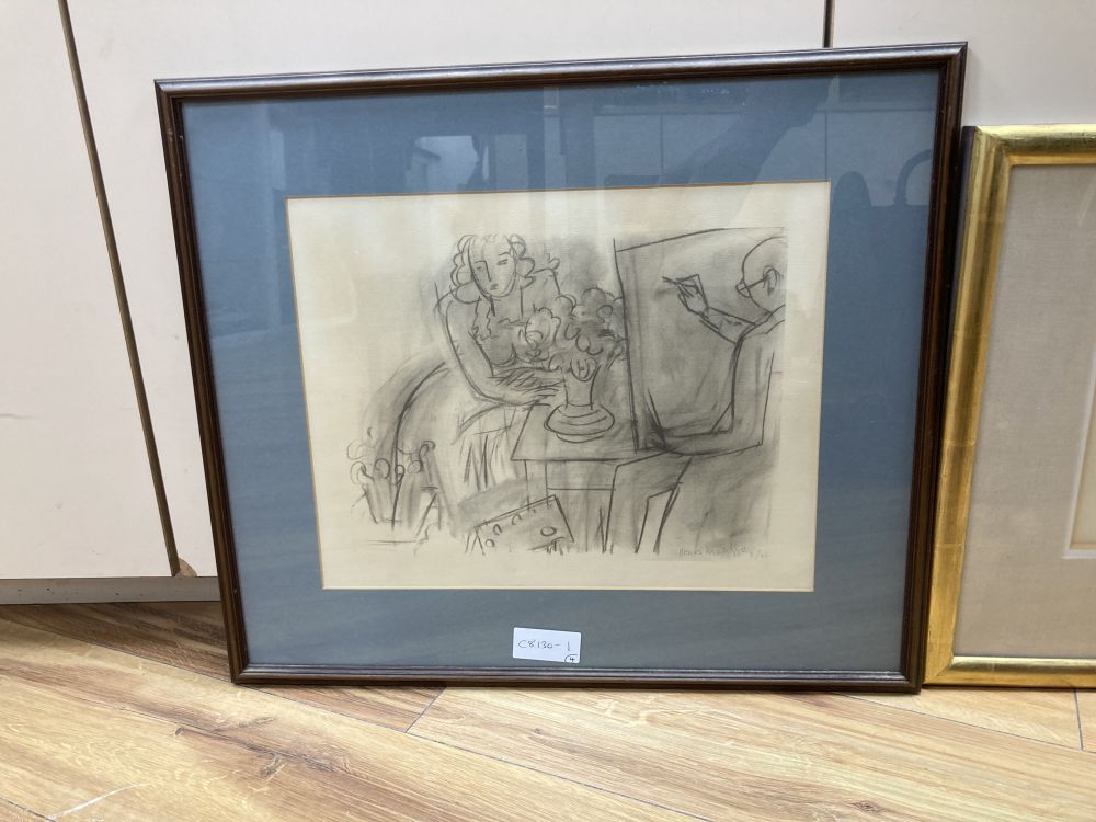 Henry Matisse, monochrome print, Artist and model, overall 29 x 36cm, a pair of prints after Picasso and a Cezanne reprint, Guillaumin